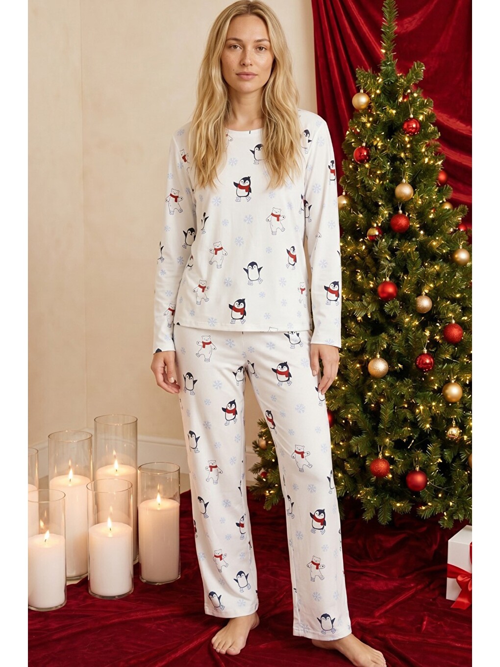 Beyaz Yılbaşı Temalı Desenli Termal Kumaşlı Ultra Soft Yumuşak Örme Pijama Takımı-1