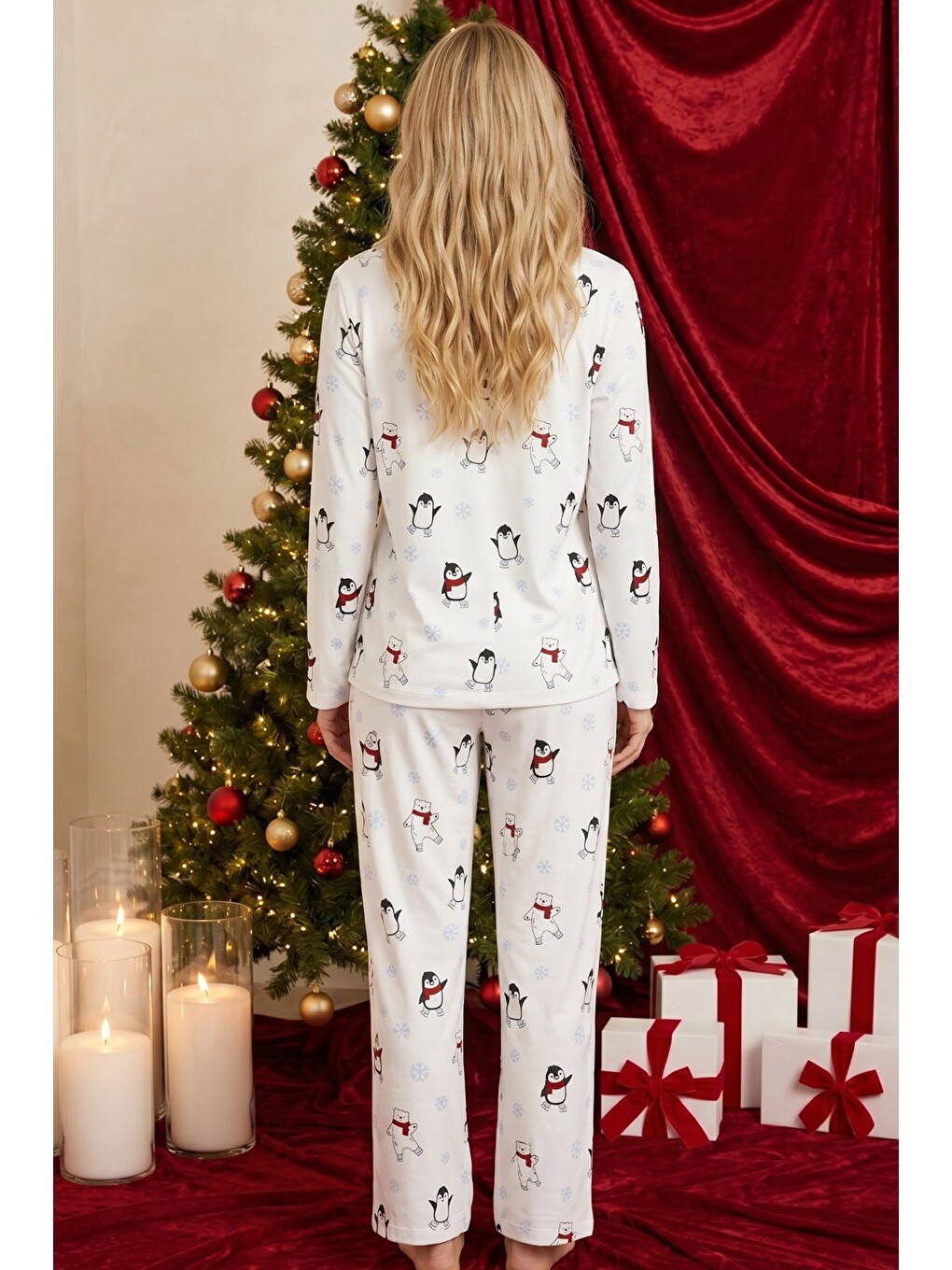 Beyaz Yılbaşı Temalı Desenli Termal Kumaşlı Ultra Soft Yumuşak Örme Pijama Takımı-2