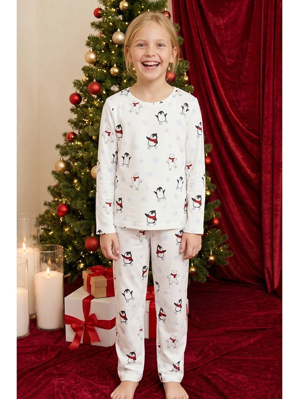 Beyaz Yılbaşı Temalı Desenli Termal Kumaşlı Ultra Soft Yumuşak Örme Pijama Takımı-3