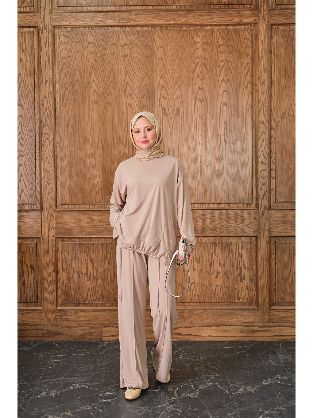 Ekru Kadın Beli Lastikli Takım Krem-1