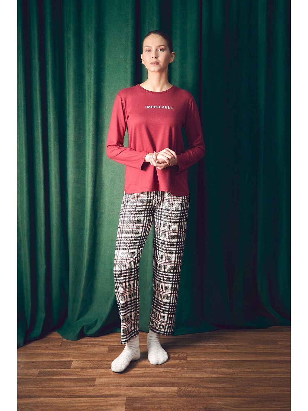 Bordo Yazı Baskılı Bisiklet Yaka 2'li Pijama Takımı