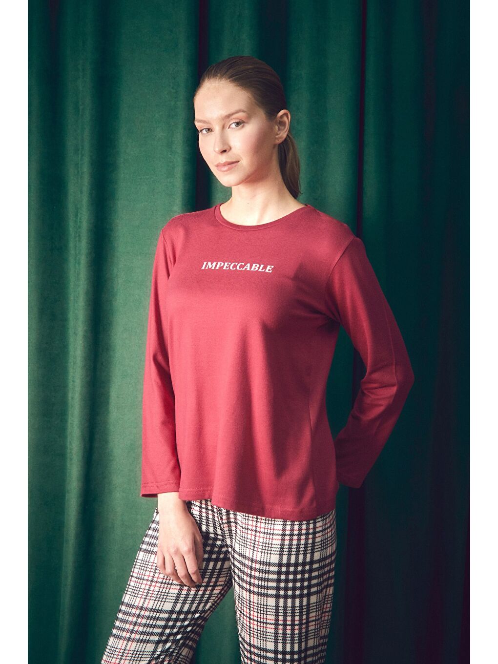 Bordo Yazı Baskılı Bisiklet Yaka 2'li Pijama Takımı-1