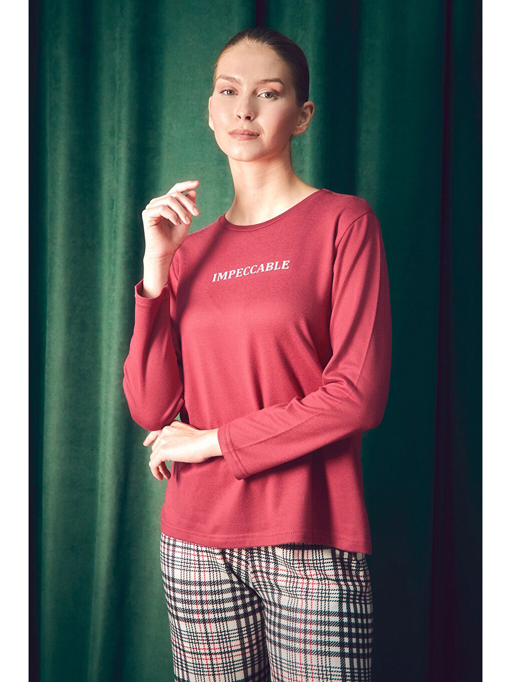 Bordo Yazı Baskılı Bisiklet Yaka 2'li Pijama Takımı-2