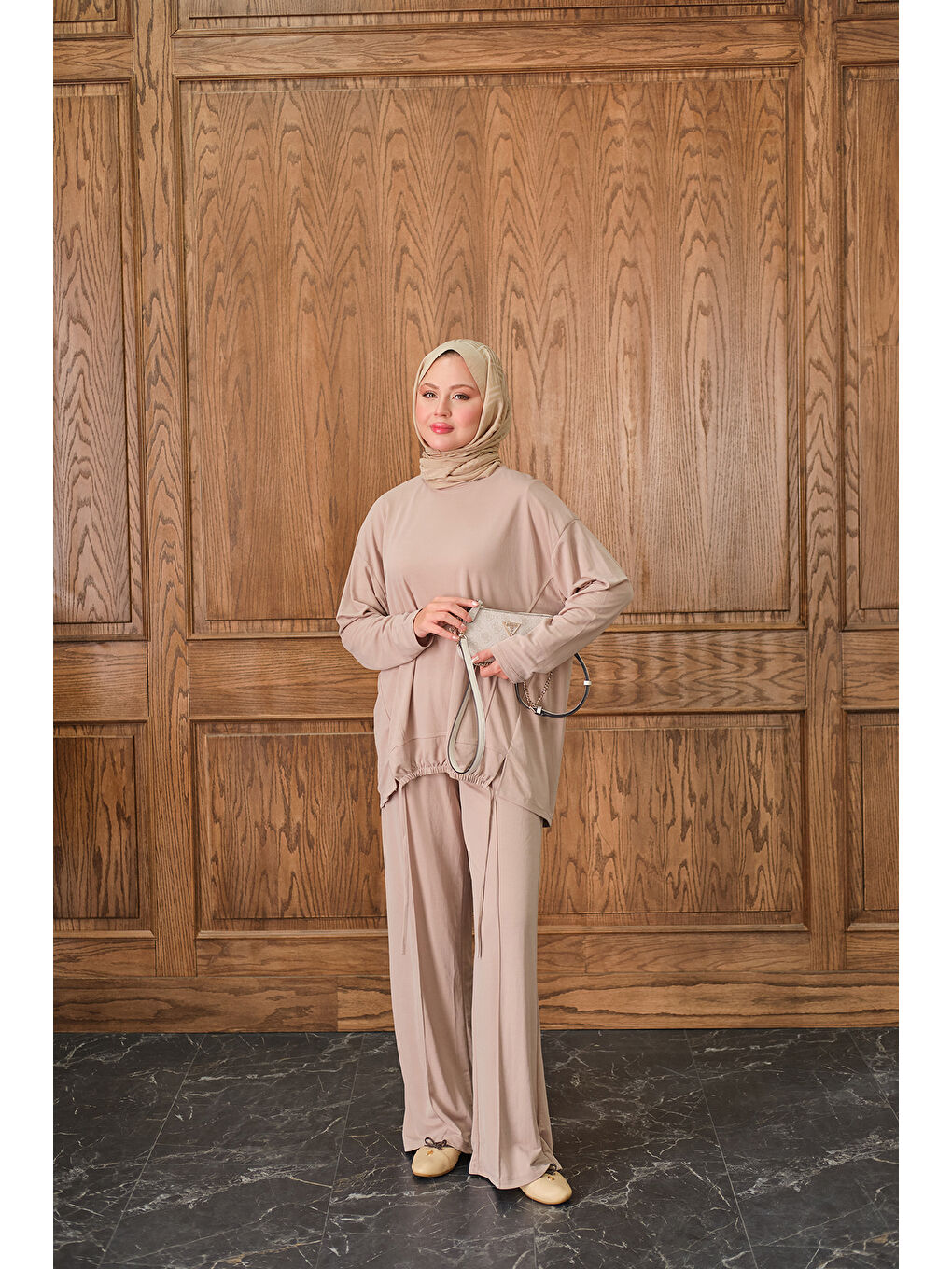 Ekru Kadın Beli Lastikli Takım Krem-2