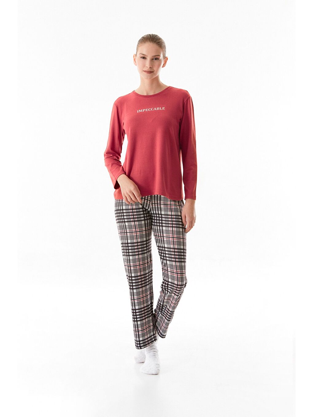 Bordo Yazı Baskılı Bisiklet Yaka 2'li Pijama Takımı-3