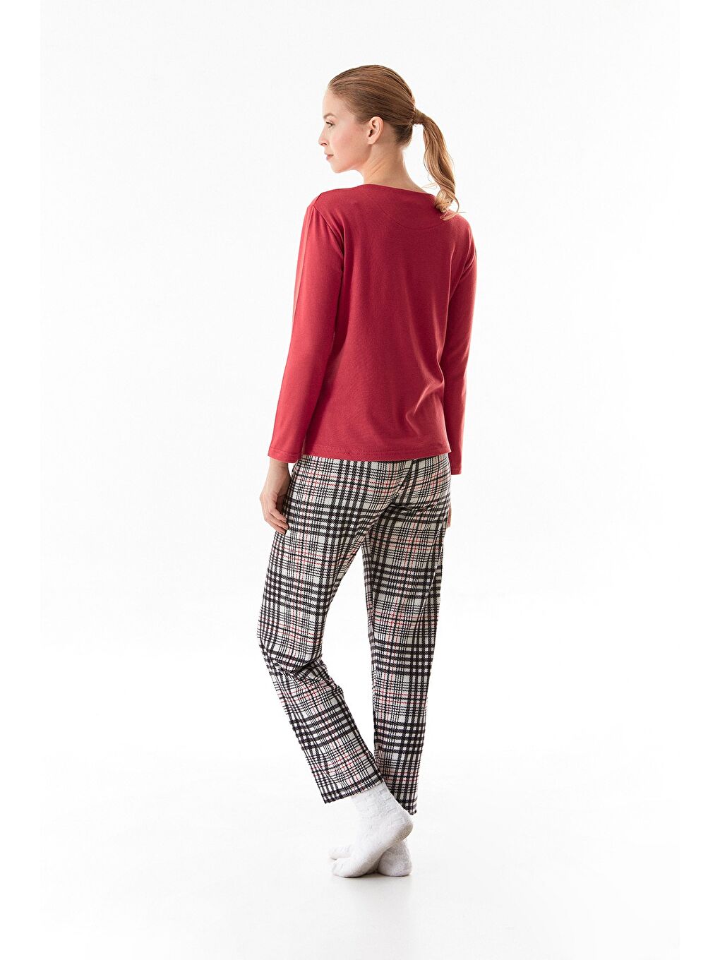 Bordo Yazı Baskılı Bisiklet Yaka 2'li Pijama Takımı-4