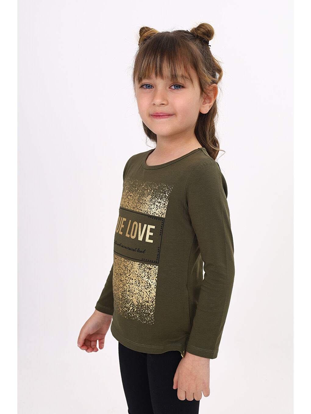 Haki Kız Çocuk Varak Baskılı Taş İşlemeli Tişört-1
