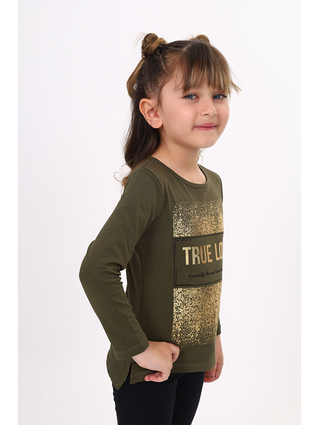 Haki Kız Çocuk Varak Baskılı Taş İşlemeli Tişört-2
