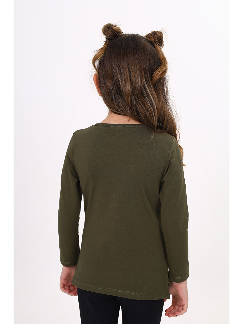 Haki Kız Çocuk Varak Baskılı Taş İşlemeli Tişört-3