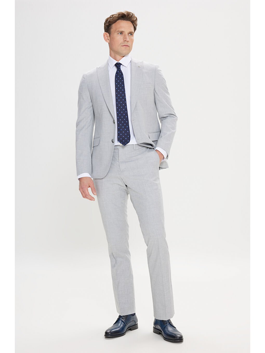 Erkek Gri-Lacivert Ekstra Slim Fit Kırlangıç Yaka Çizgili Takım Elbise