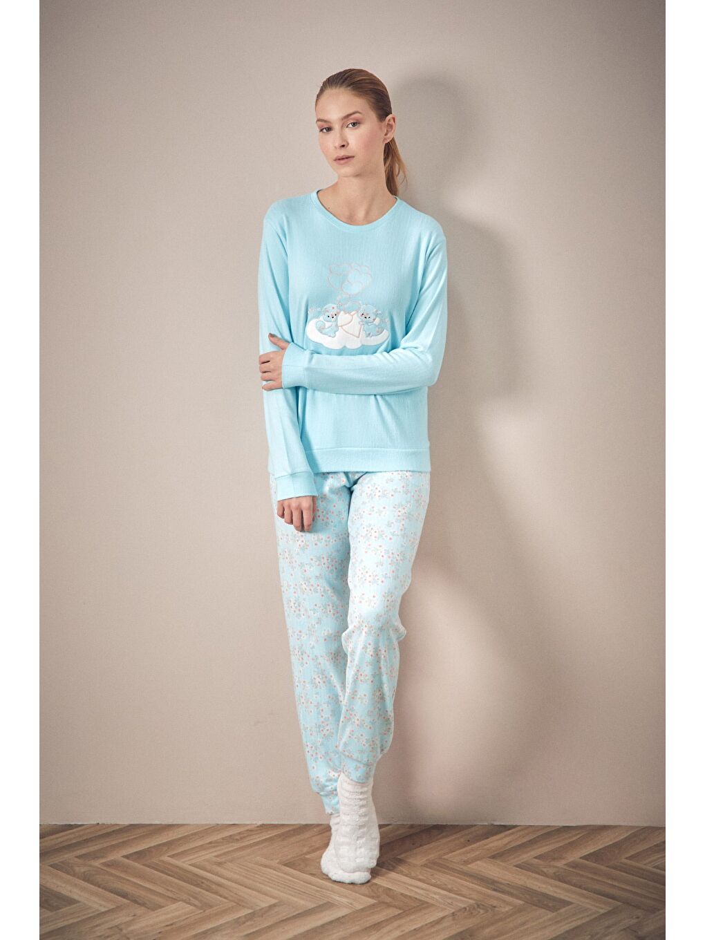 Mavi Ayıcık Nakışlı Bisiklet Yaka 2'li Pijama Takımı