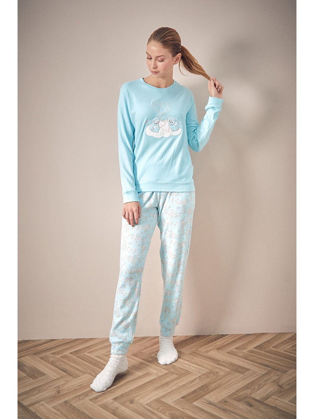 Mavi Ayıcık Nakışlı Bisiklet Yaka 2'li Pijama Takımı-2