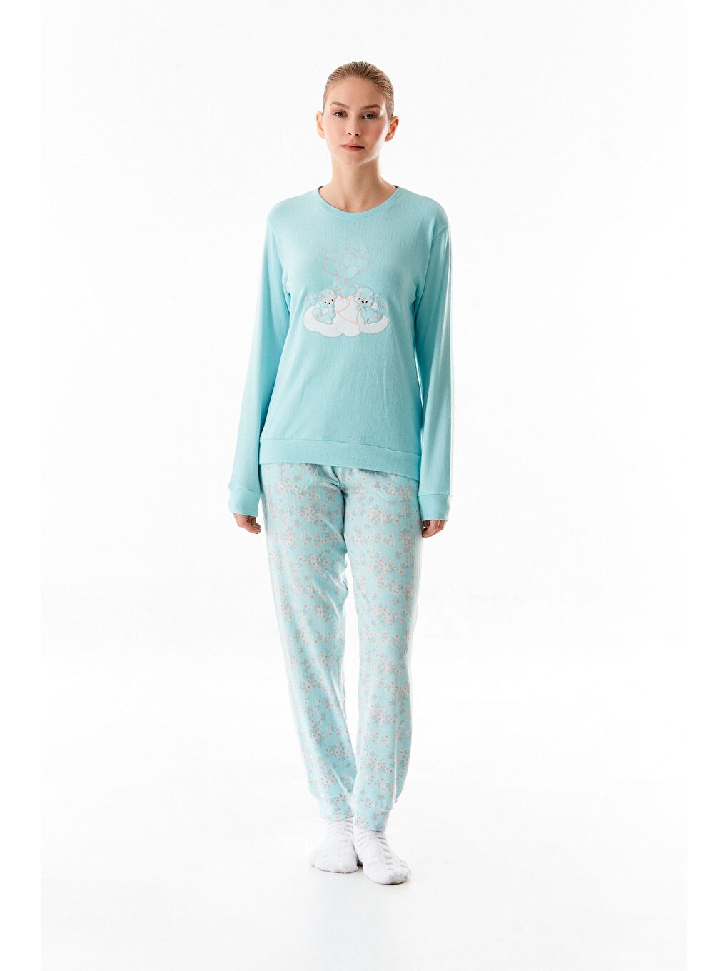 Mavi Ayıcık Nakışlı Bisiklet Yaka 2'li Pijama Takımı-3