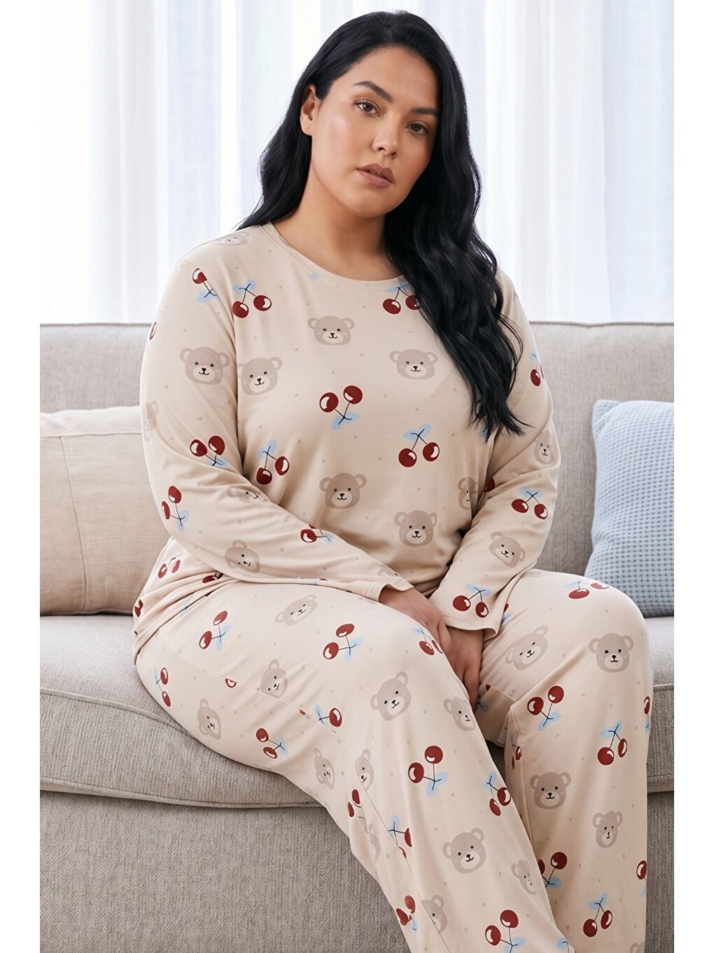 Ekru Krem Desenli Termal Kumaşlı Ultra Soft Yumuşak Büyük Beden Battal Boy Örme Pijama Takımı