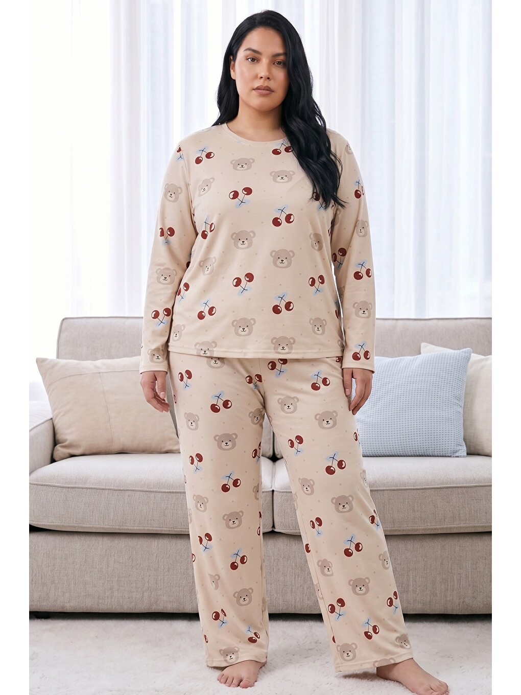 Ekru Krem Desenli Termal Kumaşlı Ultra Soft Yumuşak Büyük Beden Battal Boy Örme Pijama Takımı-1