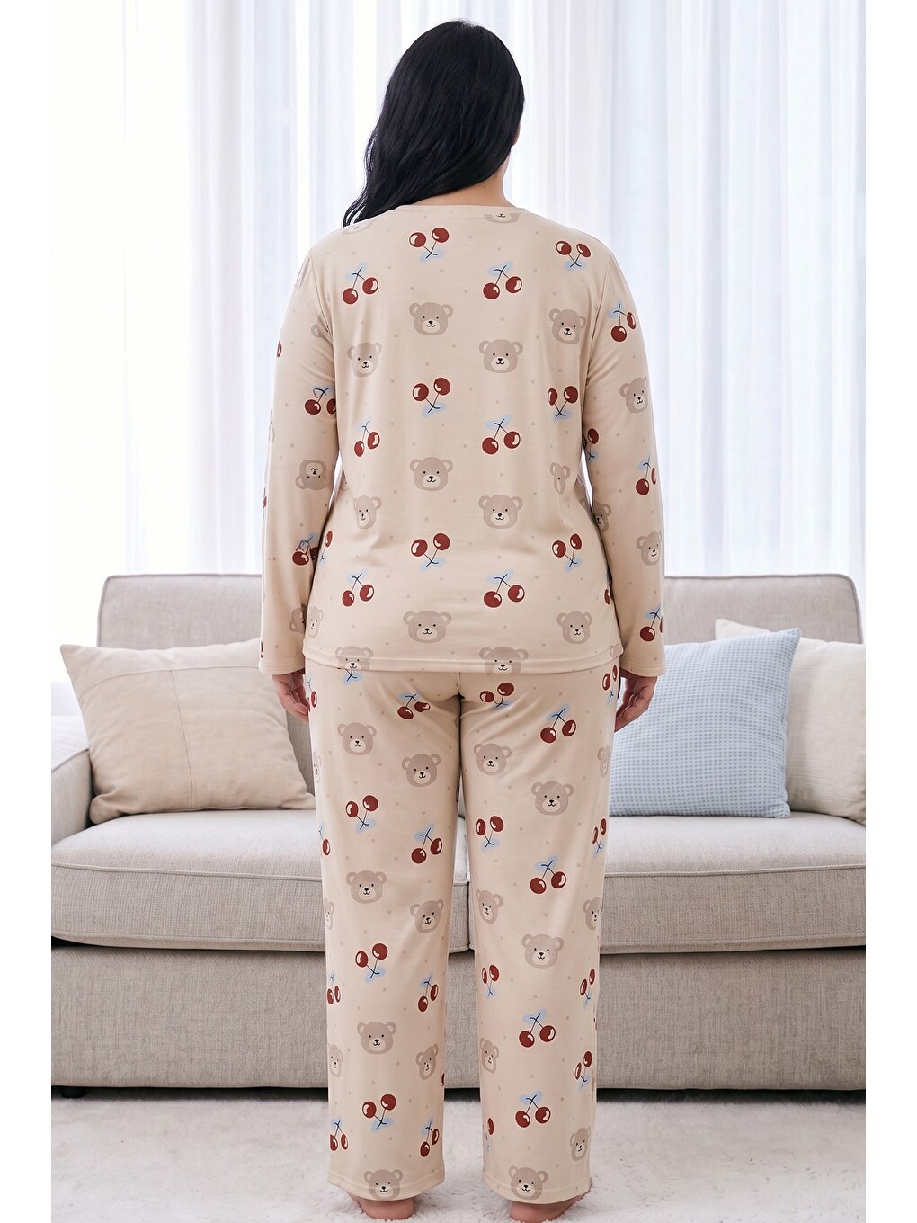 Ekru Krem Desenli Termal Kumaşlı Ultra Soft Yumuşak Büyük Beden Battal Boy Örme Pijama Takımı-2