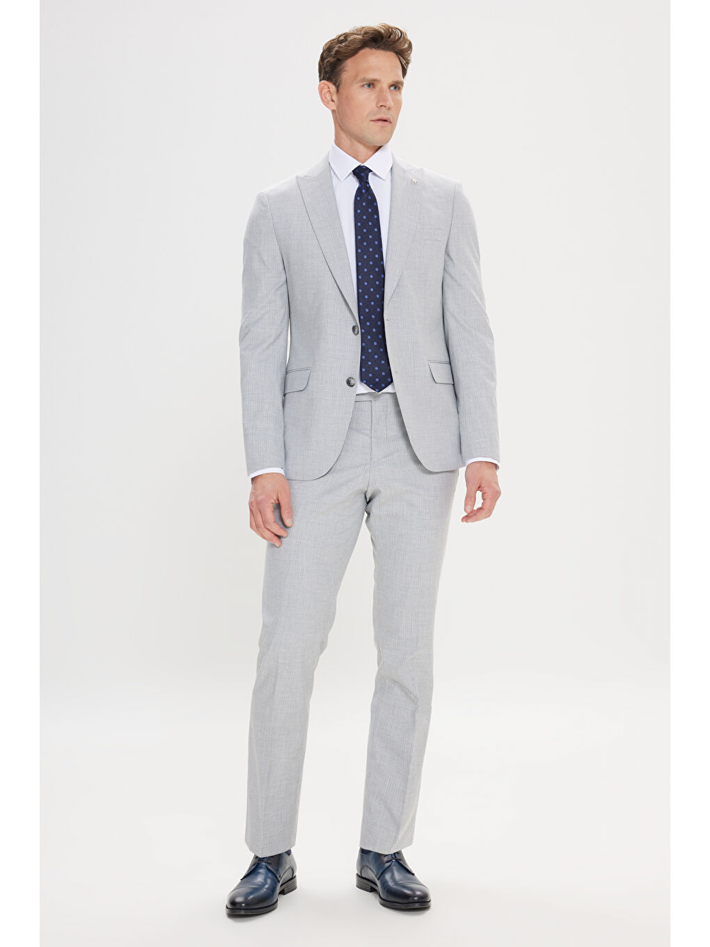 Erkek Gri-Lacivert Ekstra Slim Fit Kırlangıç Yaka Çizgili Takım Elbise-1