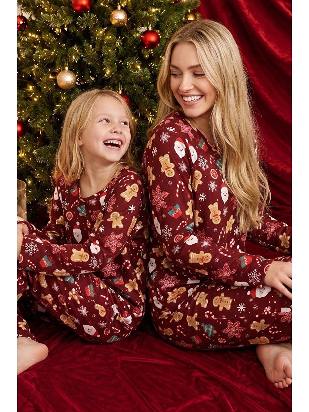 Bordo Yılbaşı Temalı Desenli Termal Kumaşlı Ultra Soft Yumuşak Örme Pijama Takımı