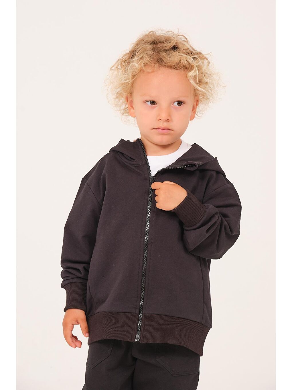 Unisex Çocuk Basic Kapüşonlu Ceket - Siyah-1