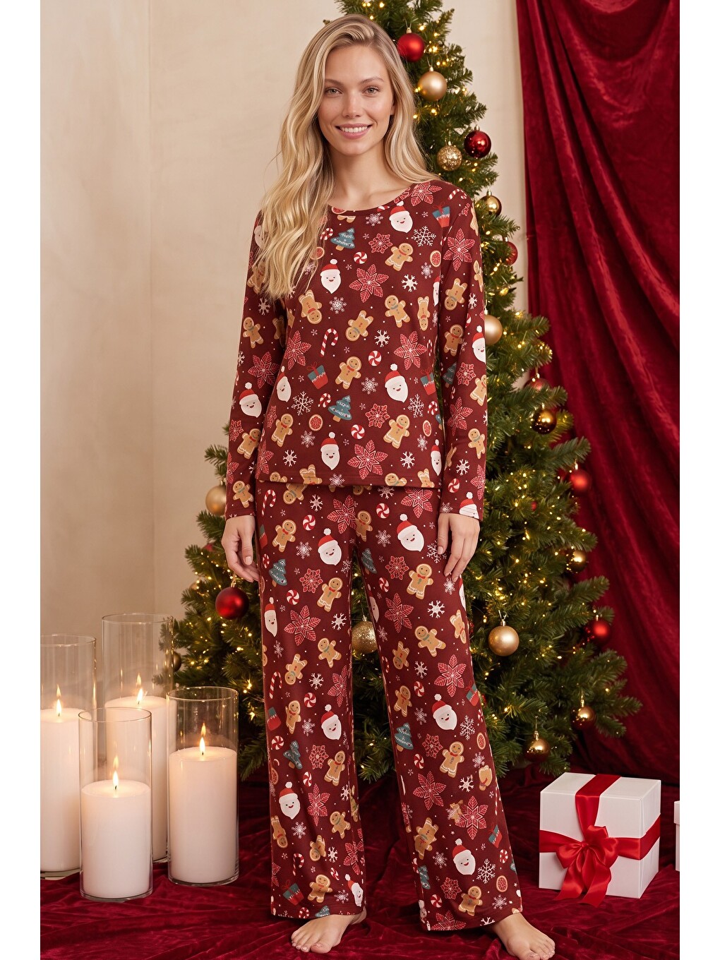Bordo Yılbaşı Temalı Desenli Termal Kumaşlı Ultra Soft Yumuşak Örme Pijama Takımı-1