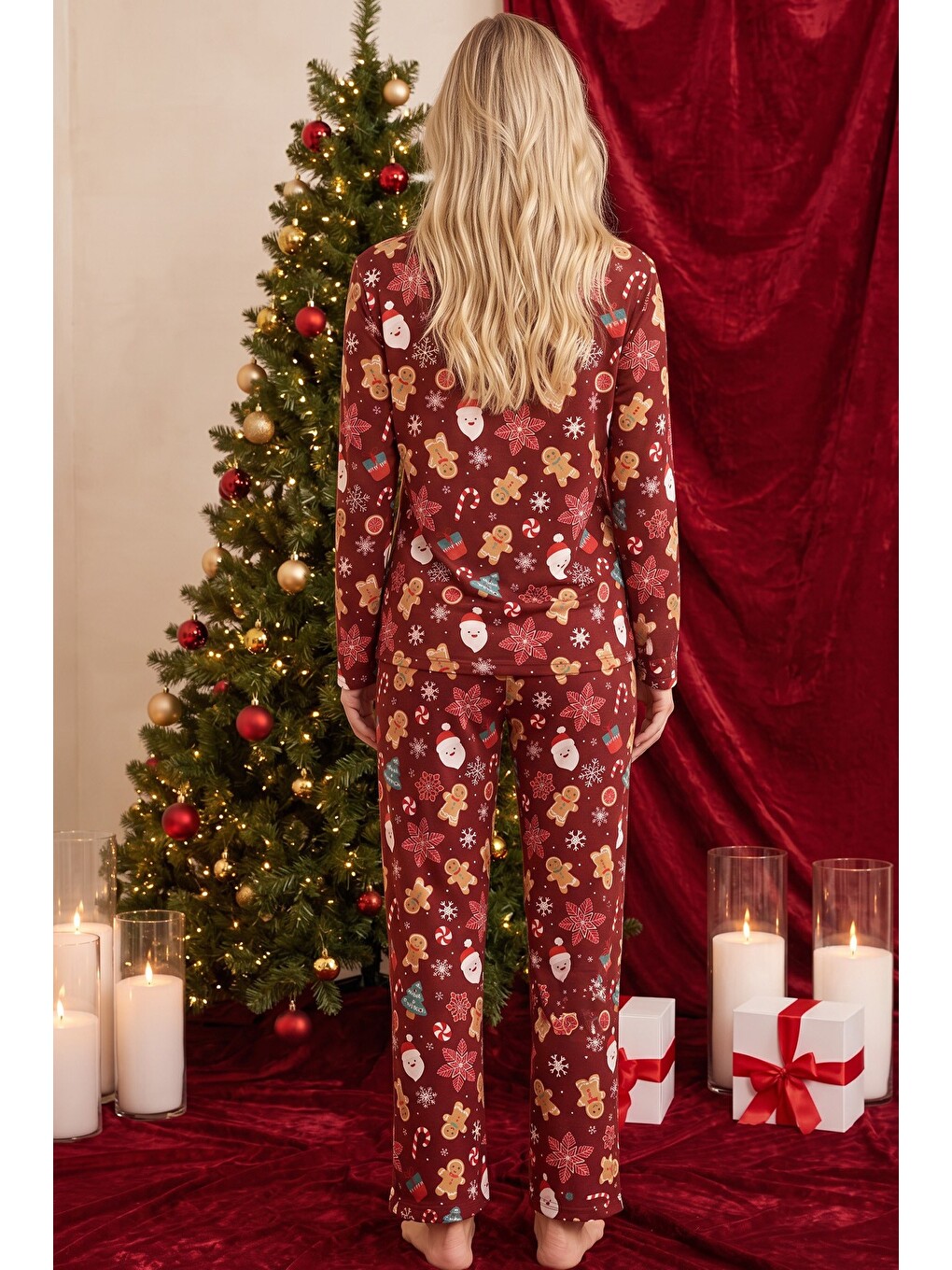 Bordo Yılbaşı Temalı Desenli Termal Kumaşlı Ultra Soft Yumuşak Örme Pijama Takımı-2