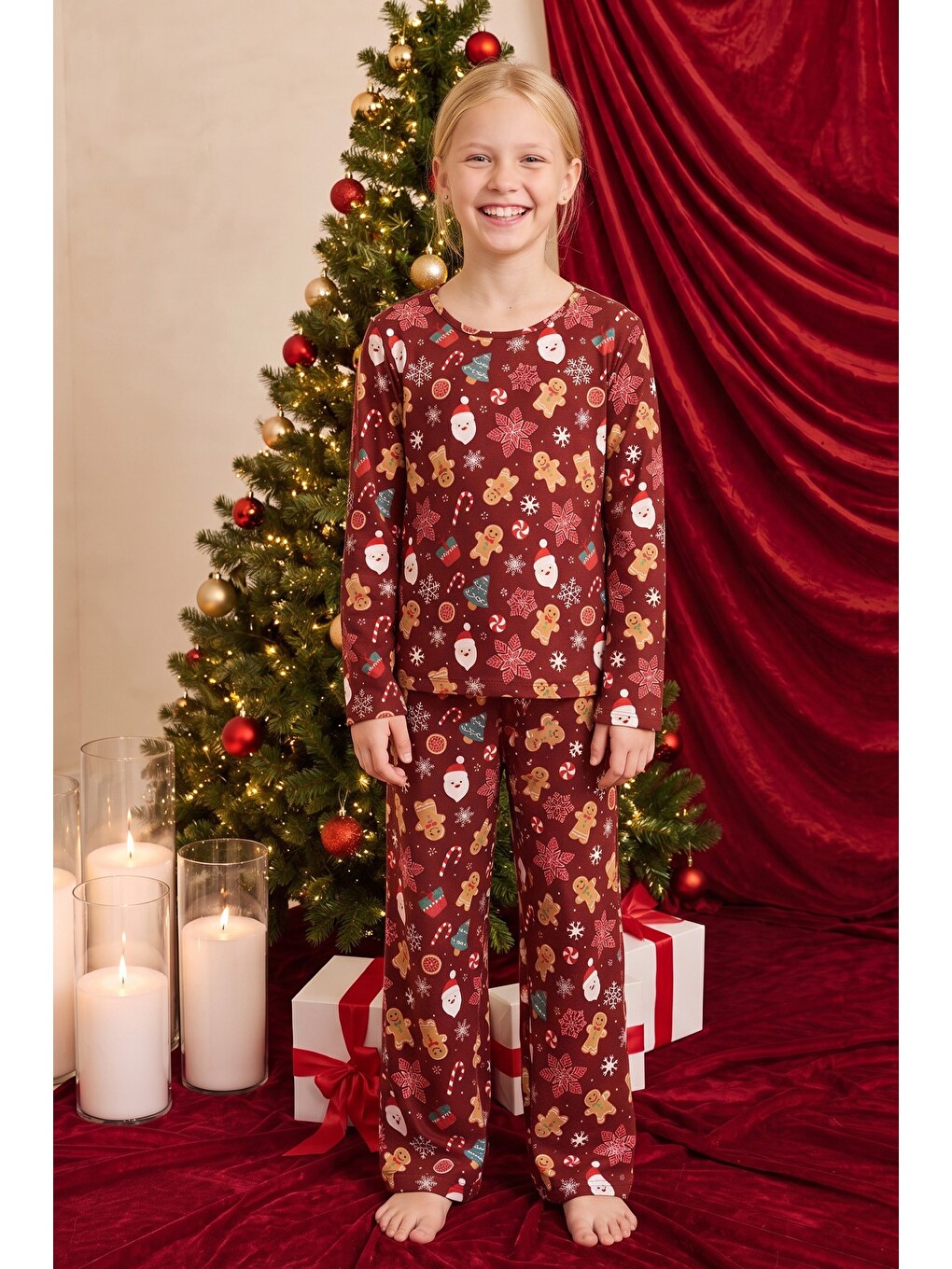Bordo Yılbaşı Temalı Desenli Termal Kumaşlı Ultra Soft Yumuşak Örme Pijama Takımı-3