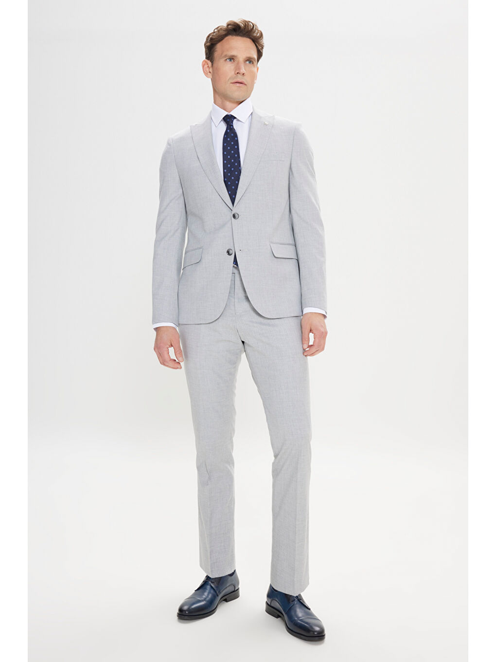 Erkek Gri-Lacivert Ekstra Slim Fit Kırlangıç Yaka Çizgili Takım Elbise-3