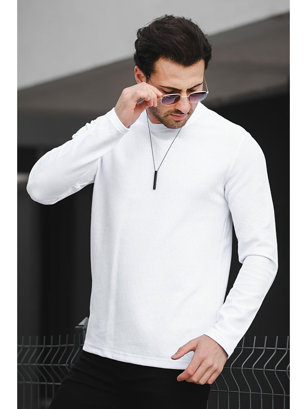 Beyaz Ft 110 Slim Fit Waffle Desen Erkek Uzun Kol Tshirt
