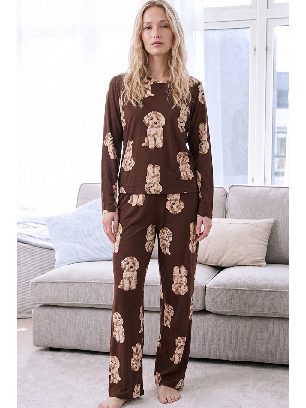 Kahverengi Desenli Termal Kumaşlı Ultra Soft Yumuşak Örme Pijama Takımı-1