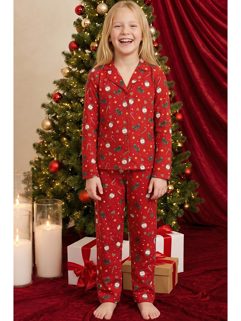 Kırmızı Yılbaşı Temalı Desenli Termal Kumaşlı Ultra Soft Yumuşak Düğmeli Örme Pijama Takımı-3