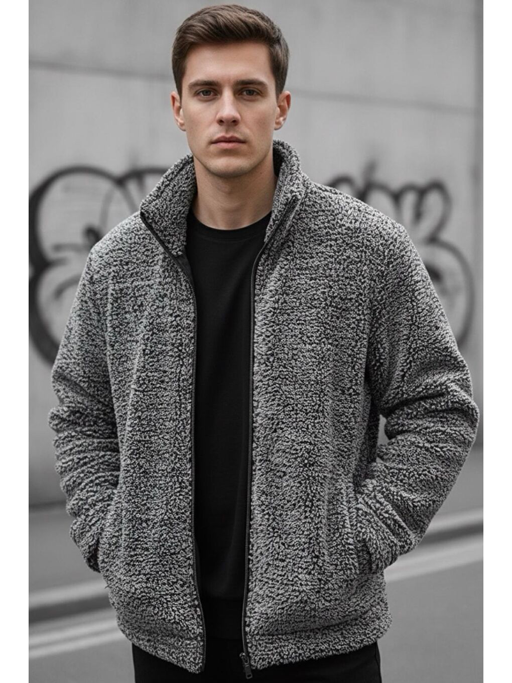 Gri Harris Pelüş İçi Polarlı Tam Fermuarlı Gömlek Yaka Kalın Erkek Hırka Sweatshirt Polar