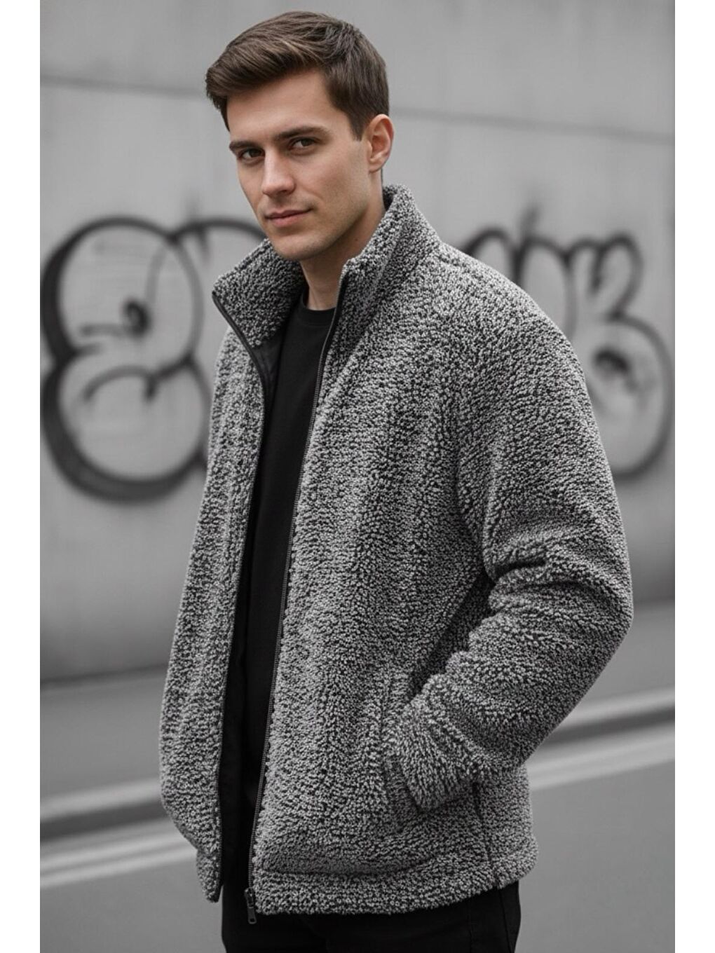 Gri Harris Pelüş İçi Polarlı Tam Fermuarlı Gömlek Yaka Kalın Erkek Hırka Sweatshirt Polar-1