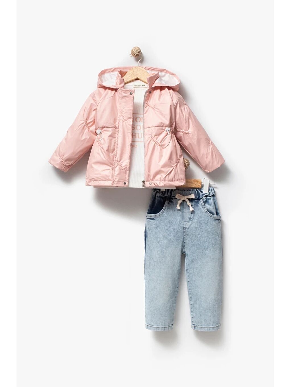 Pembe 3'lü Kapüşonlu Kız Bebek Mont & Pantolon Bayramlık Takım 9083-3