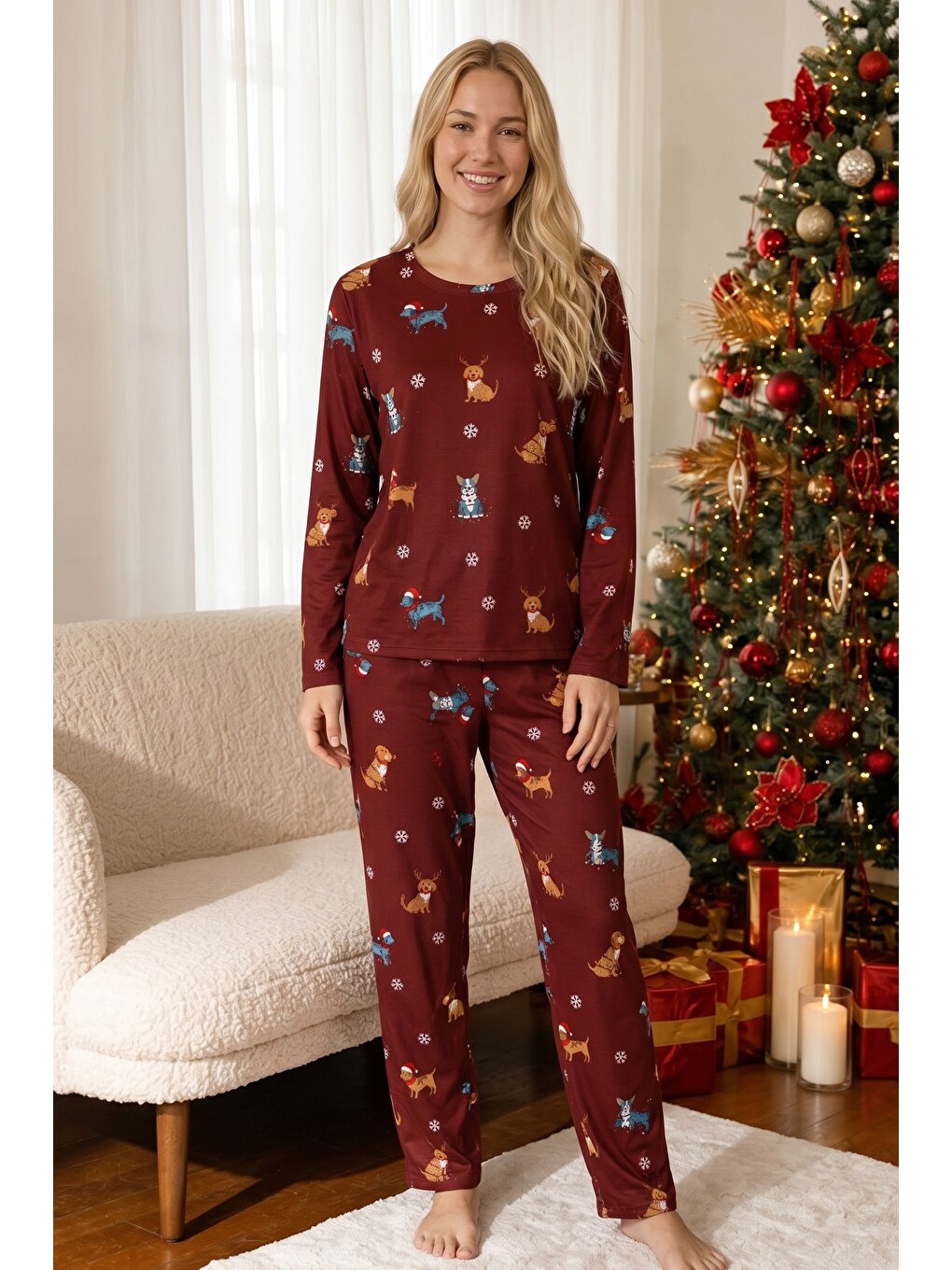 Bordo Yılbaşı Temalı Desenli Termal Kumaşlı Ultra Soft Yumuşak Örme Pijama Takımı-1