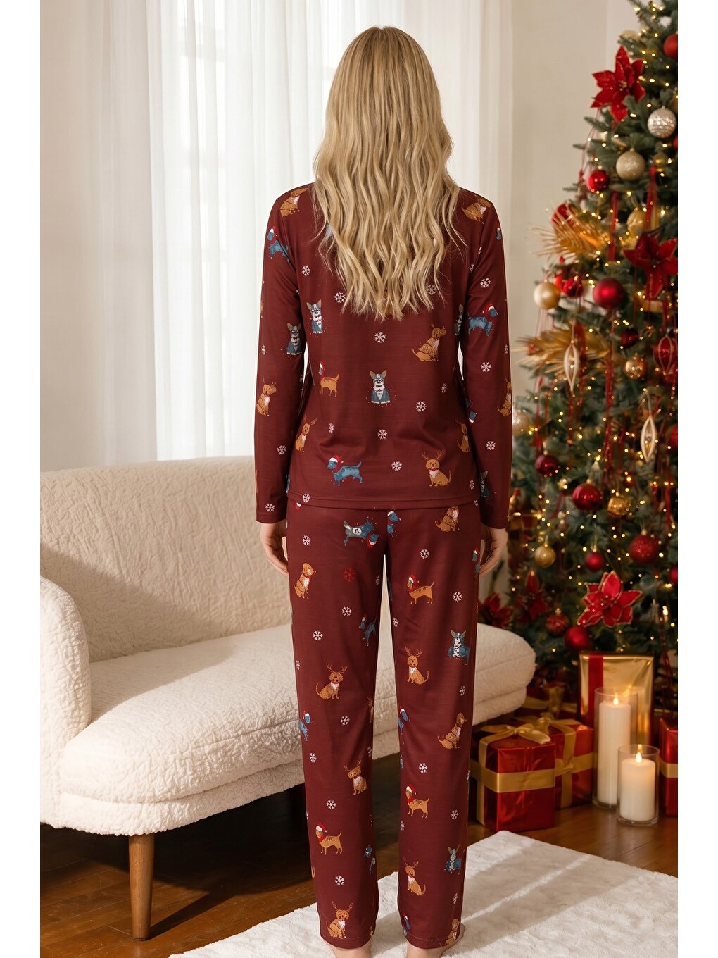 Bordo Yılbaşı Temalı Desenli Termal Kumaşlı Ultra Soft Yumuşak Örme Pijama Takımı-2