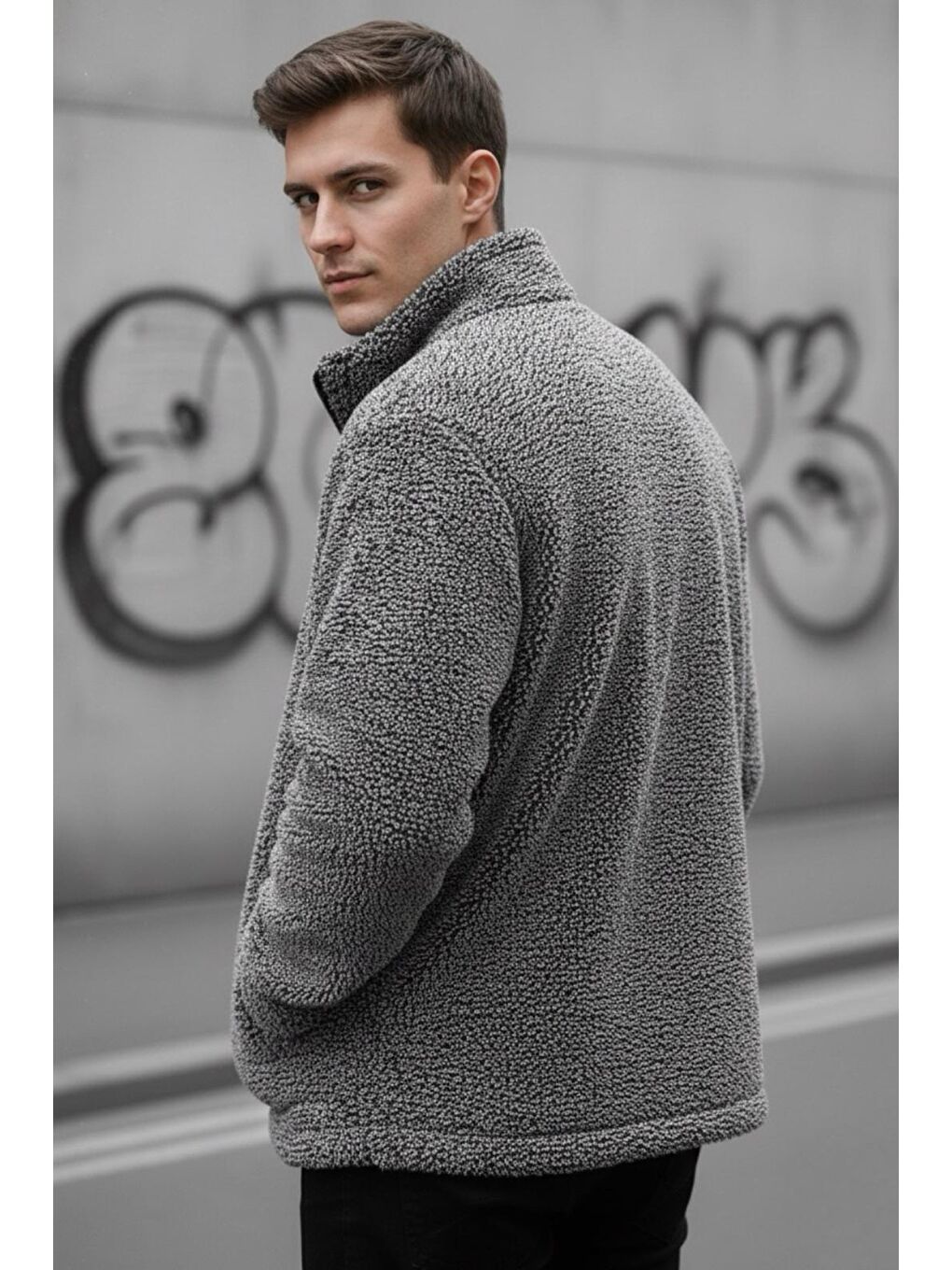 Gri Harris Pelüş İçi Polarlı Tam Fermuarlı Gömlek Yaka Kalın Erkek Hırka Sweatshirt Polar-2