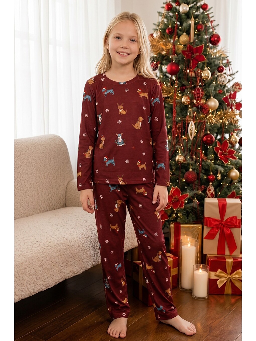Bordo Yılbaşı Temalı Desenli Termal Kumaşlı Ultra Soft Yumuşak Örme Pijama Takımı-3
