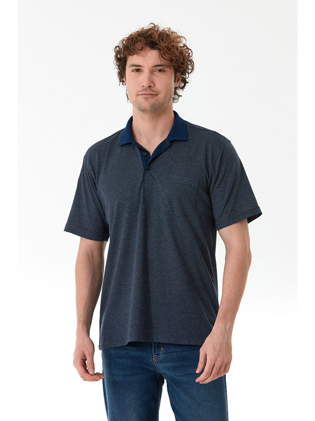 Lacivert Desenli Regular Fit Yarım Düğmeli Polo Yaka Tişört