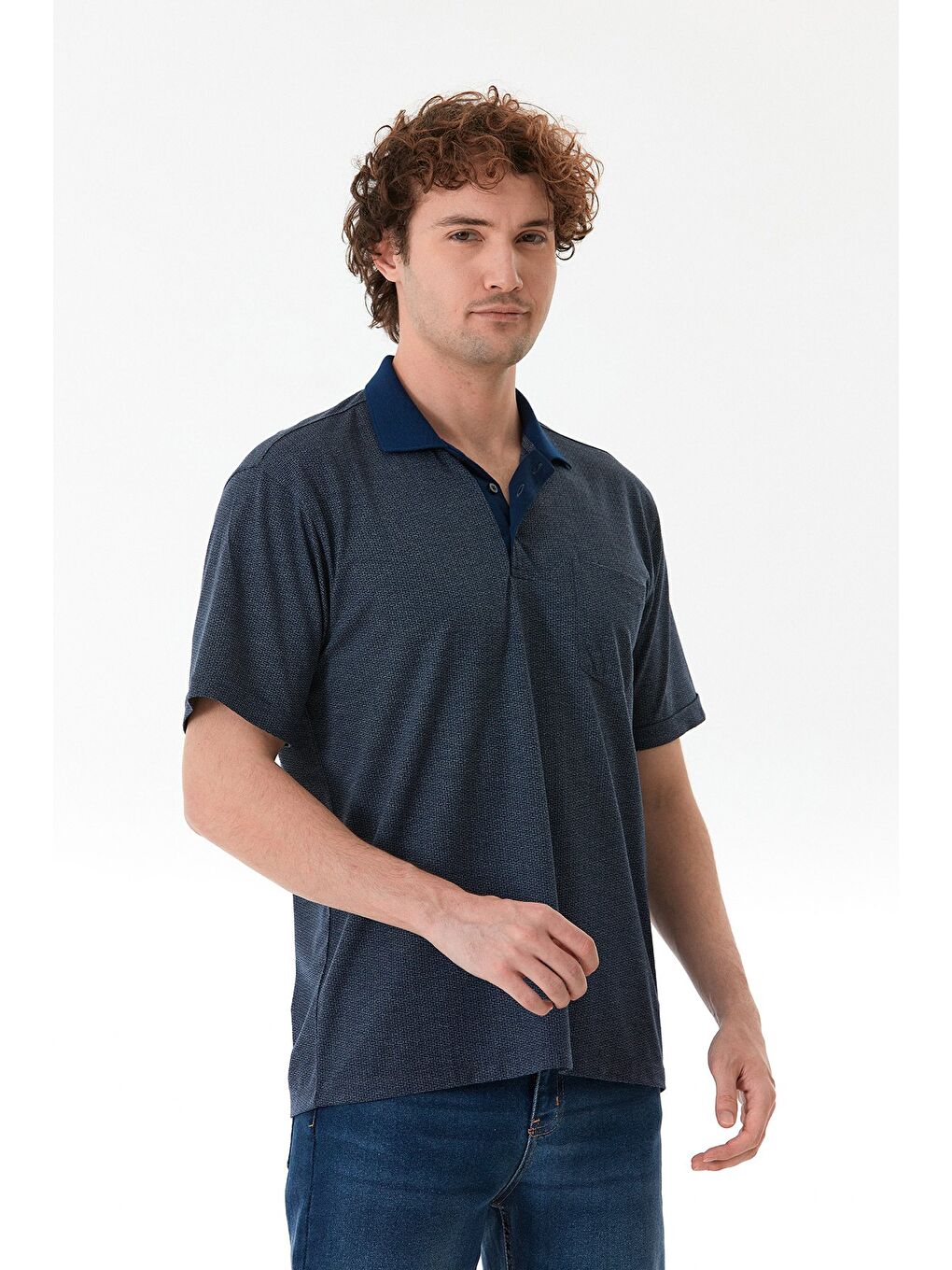 Lacivert Desenli Regular Fit Yarım Düğmeli Polo Yaka Tişört-1