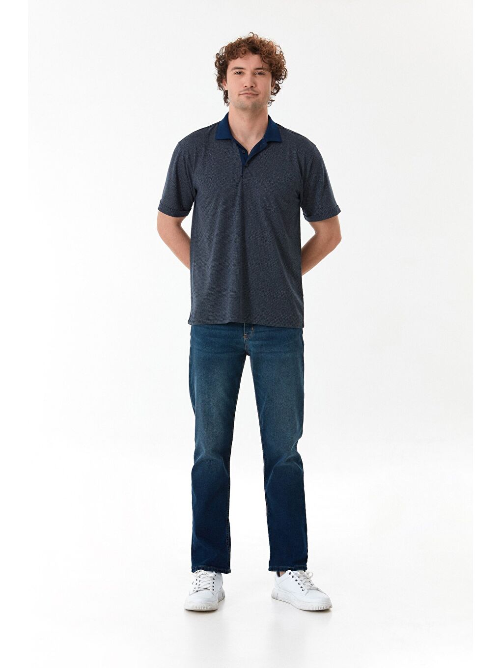 Lacivert Desenli Regular Fit Yarım Düğmeli Polo Yaka Tişört-2