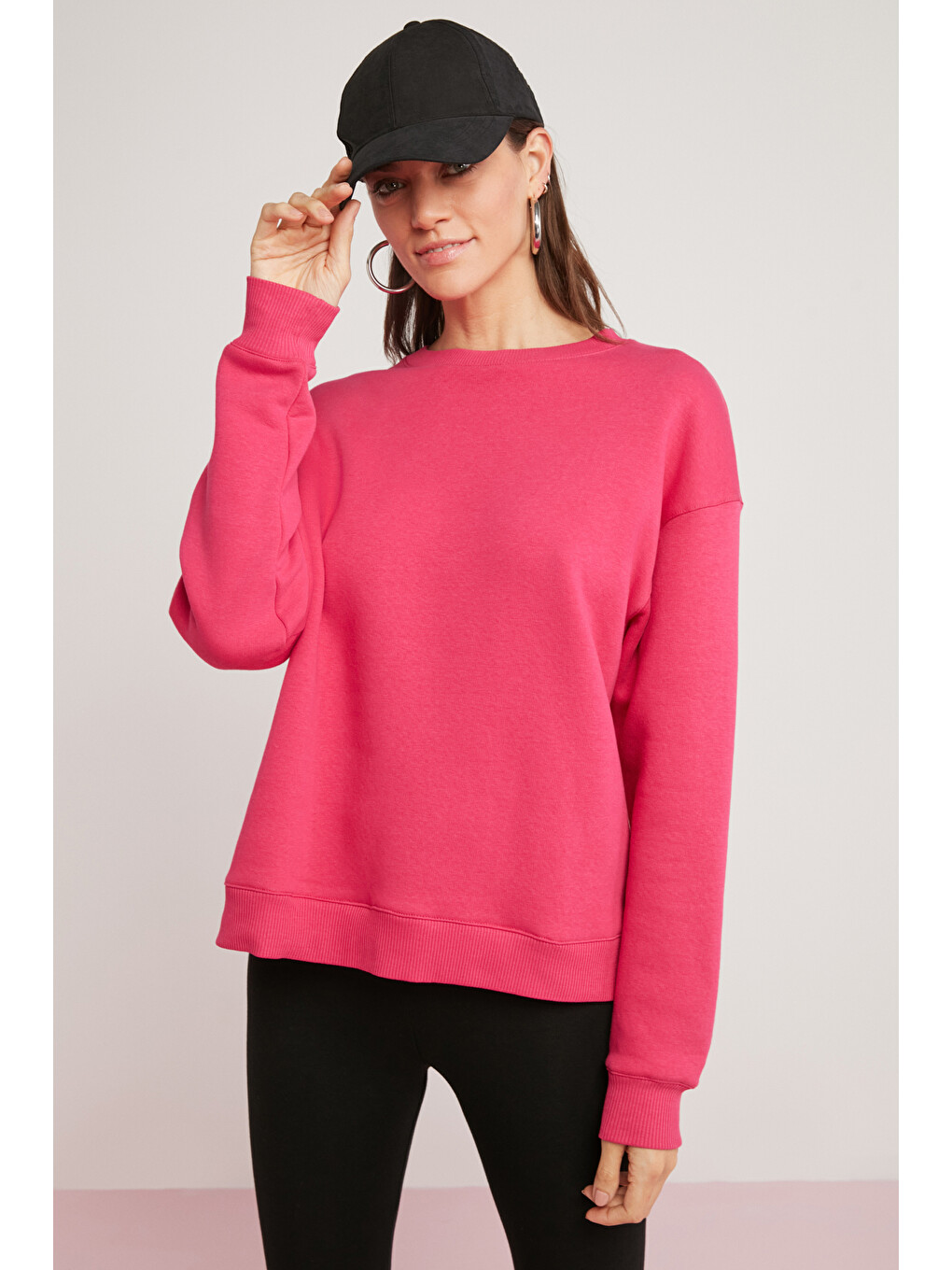 Alfreda Kadın Pamuklu Içi Polarlı Yumuşacık Yuvarlak Yaka Comfort Fit Basıc Pembe Sweatshirt