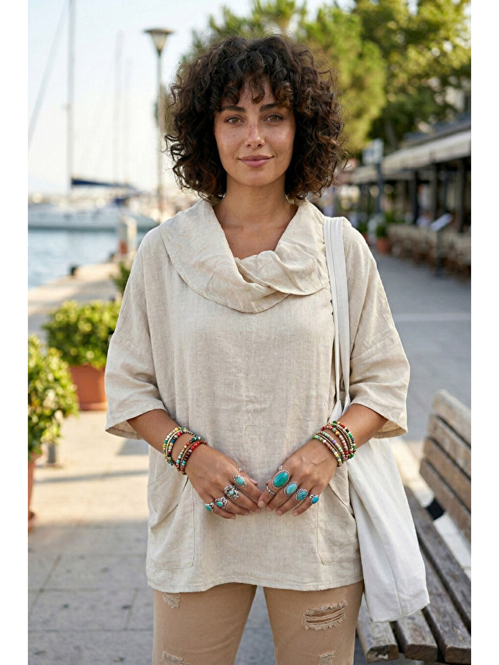 Bej Şal Yaka Kısa Kol Çift Cepli Casual Keten Görünümlü Geniş Kesim Dokuma Bluz 65 83-1