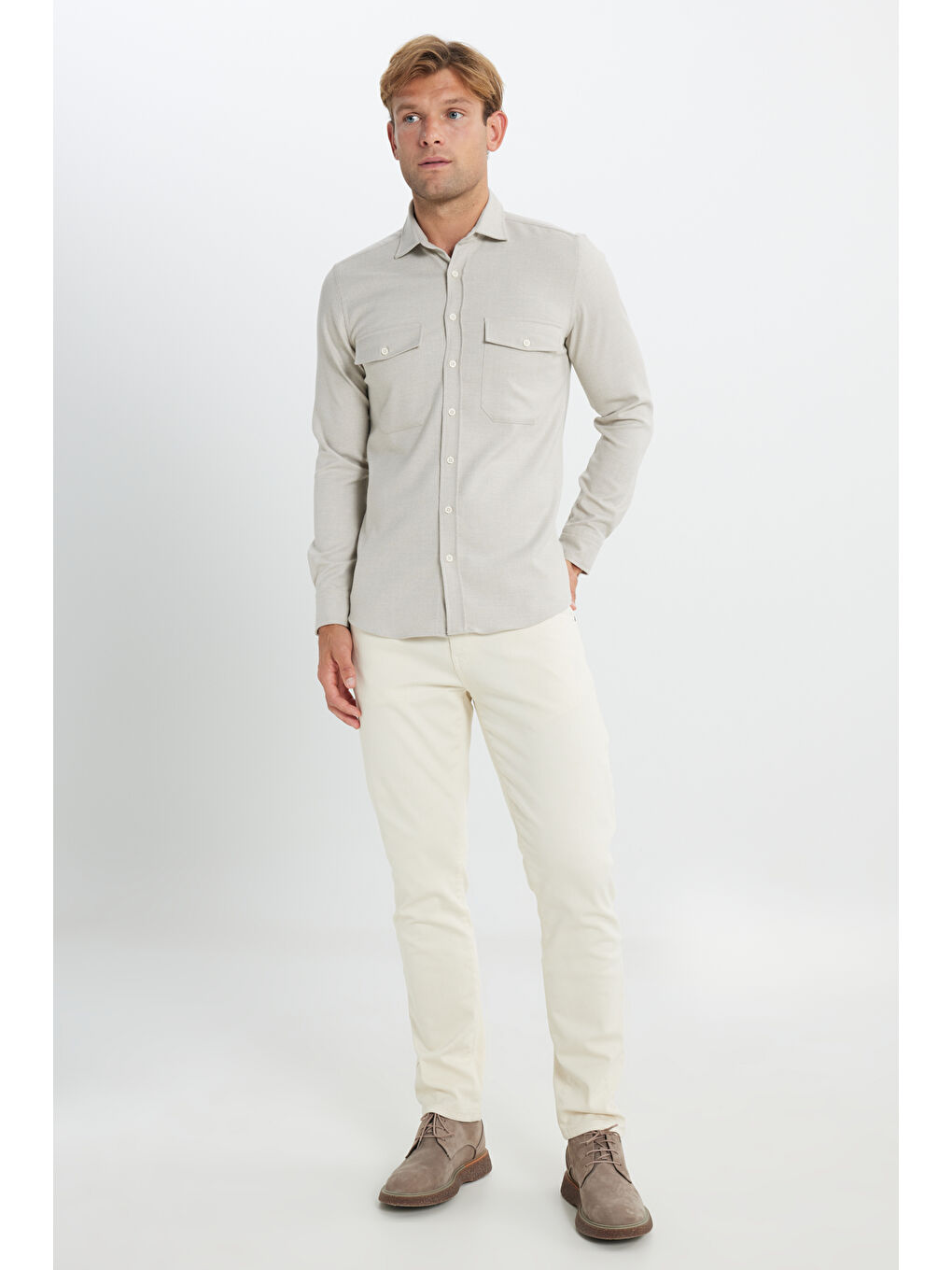 Erkek Bej Oxford Slim Fit Dar Kesim Klasik Yaka Çift Kapak Cepli Gömlek