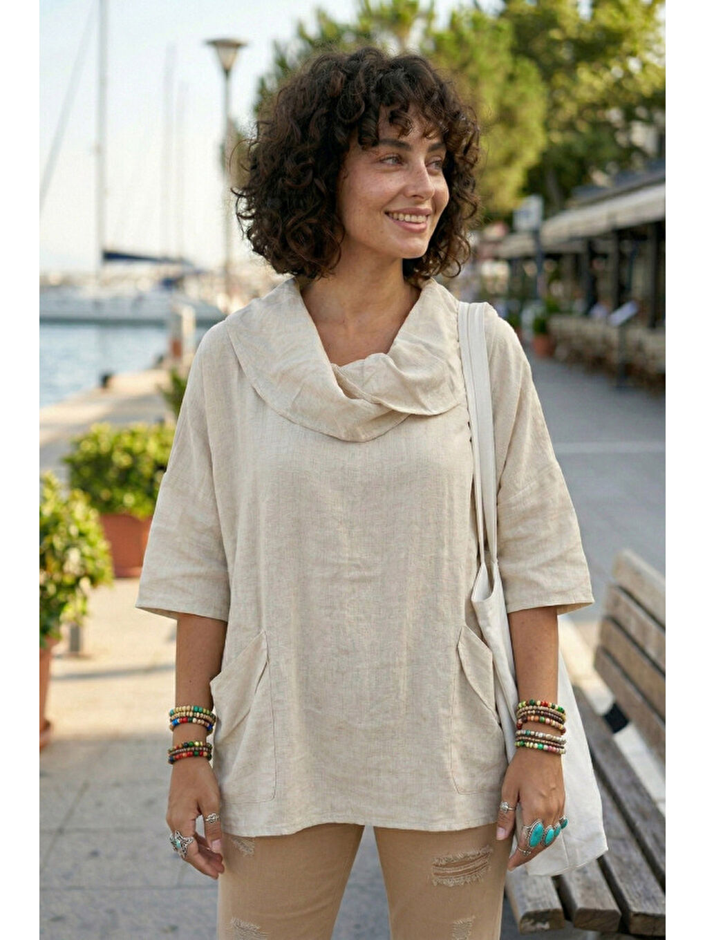 Bej Şal Yaka Kısa Kol Çift Cepli Casual Keten Görünümlü Geniş Kesim Dokuma Bluz 65 83-2