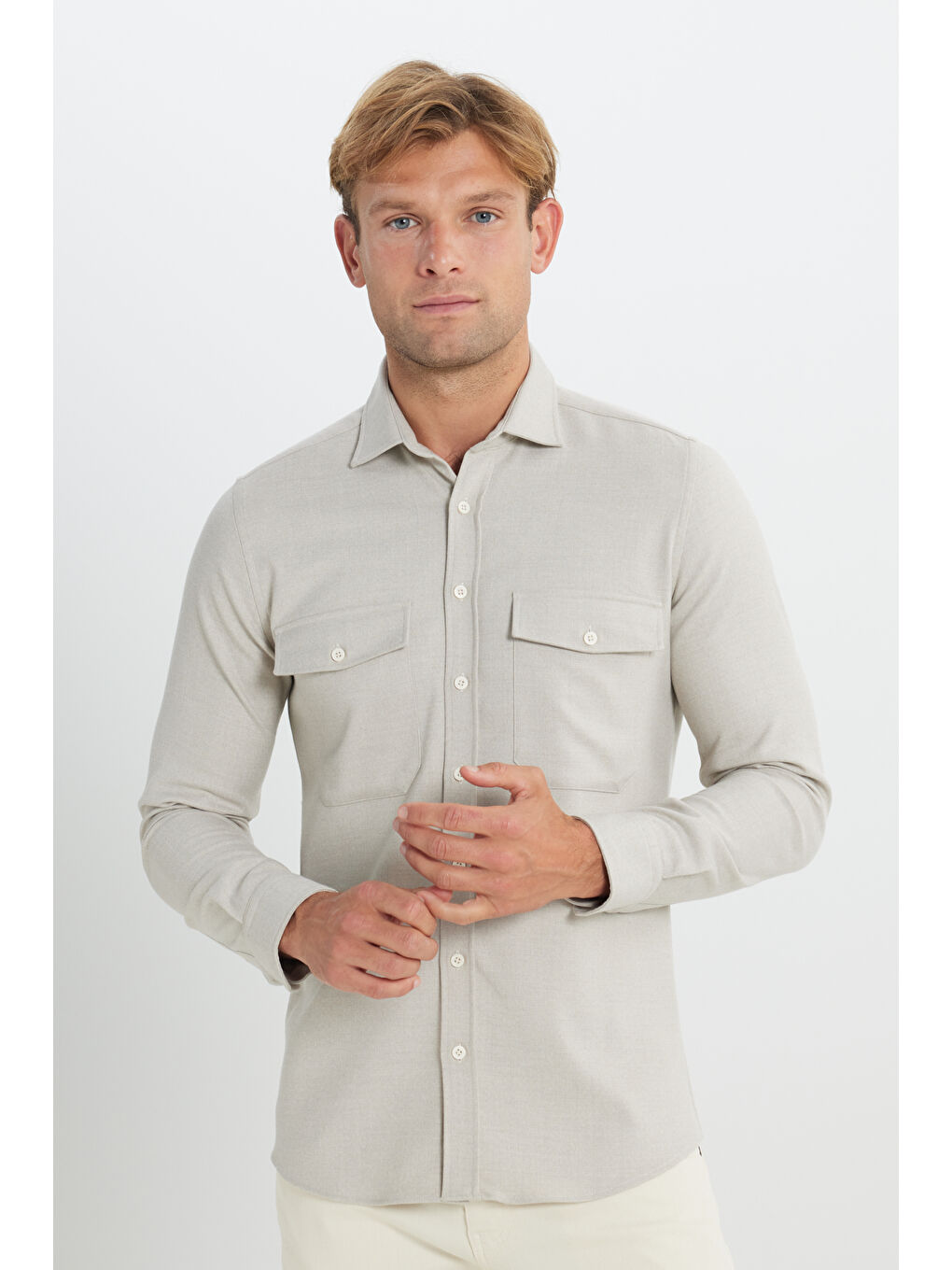 Erkek Bej Oxford Slim Fit Dar Kesim Klasik Yaka Çift Kapak Cepli Gömlek-1