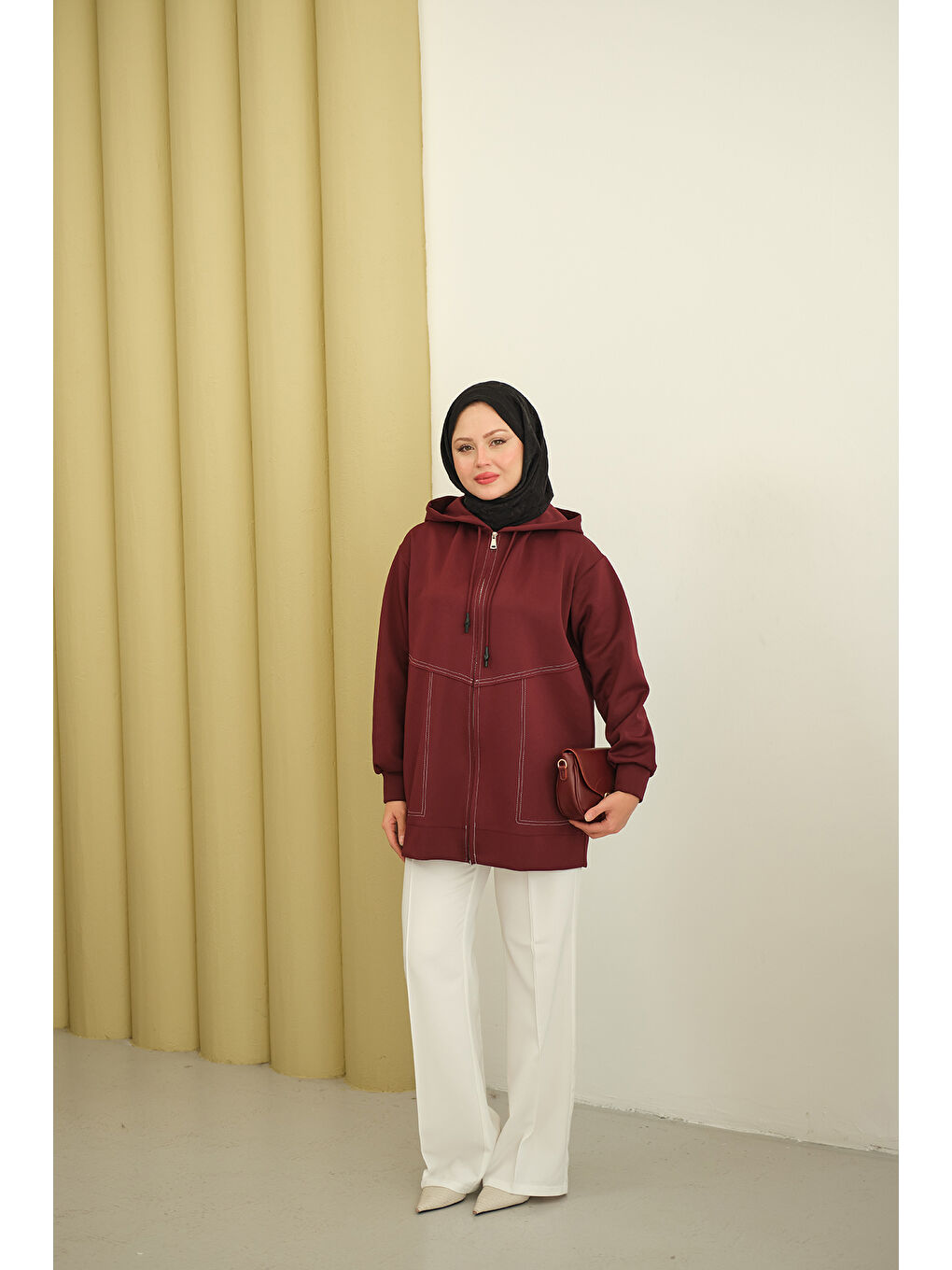 Kadın Dikiş Detay Kapüşonlu Hırka Bordo-1