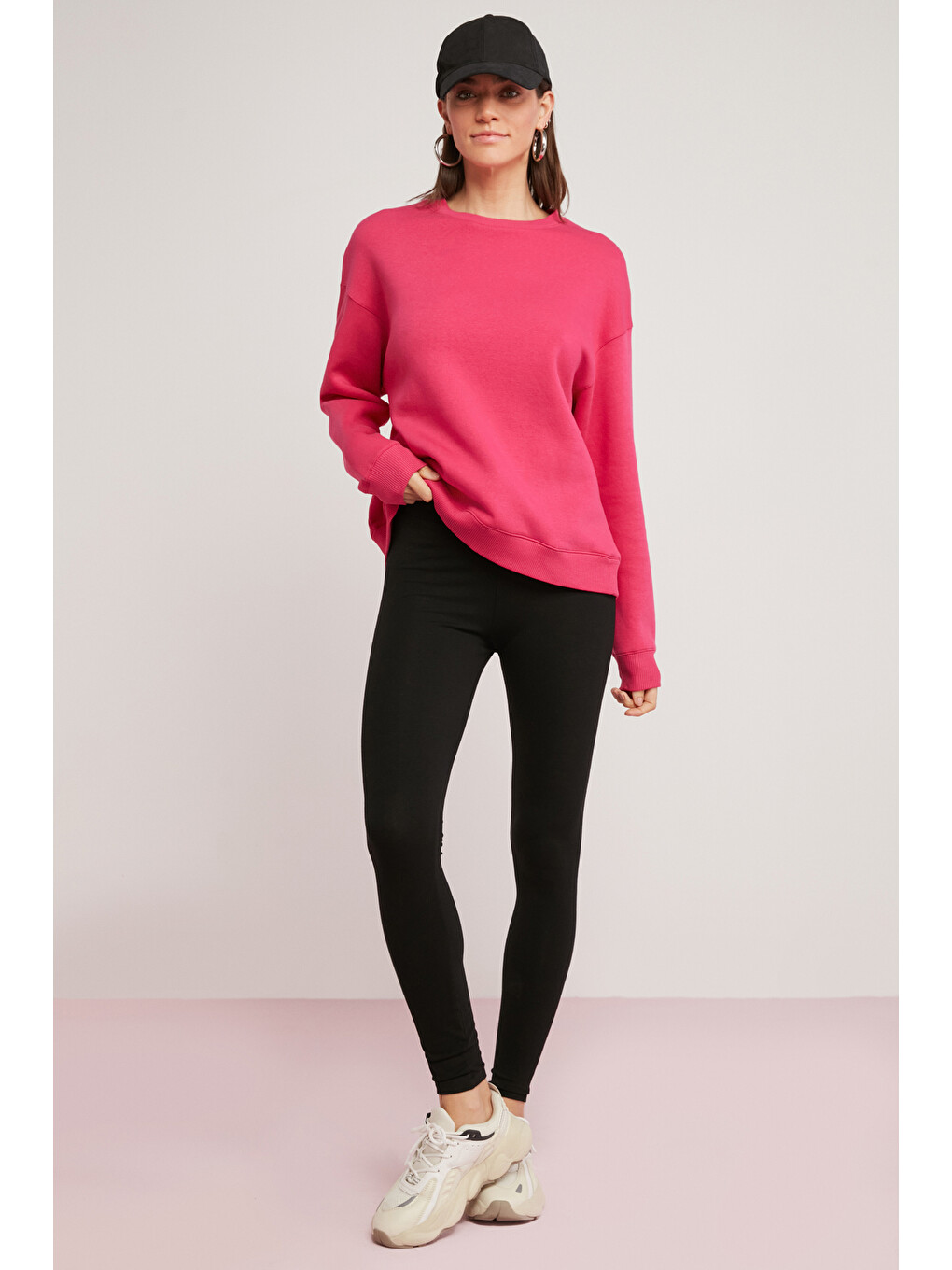 Alfreda Kadın Pamuklu Içi Polarlı Yumuşacık Yuvarlak Yaka Comfort Fit Basıc Pembe Sweatshirt-3