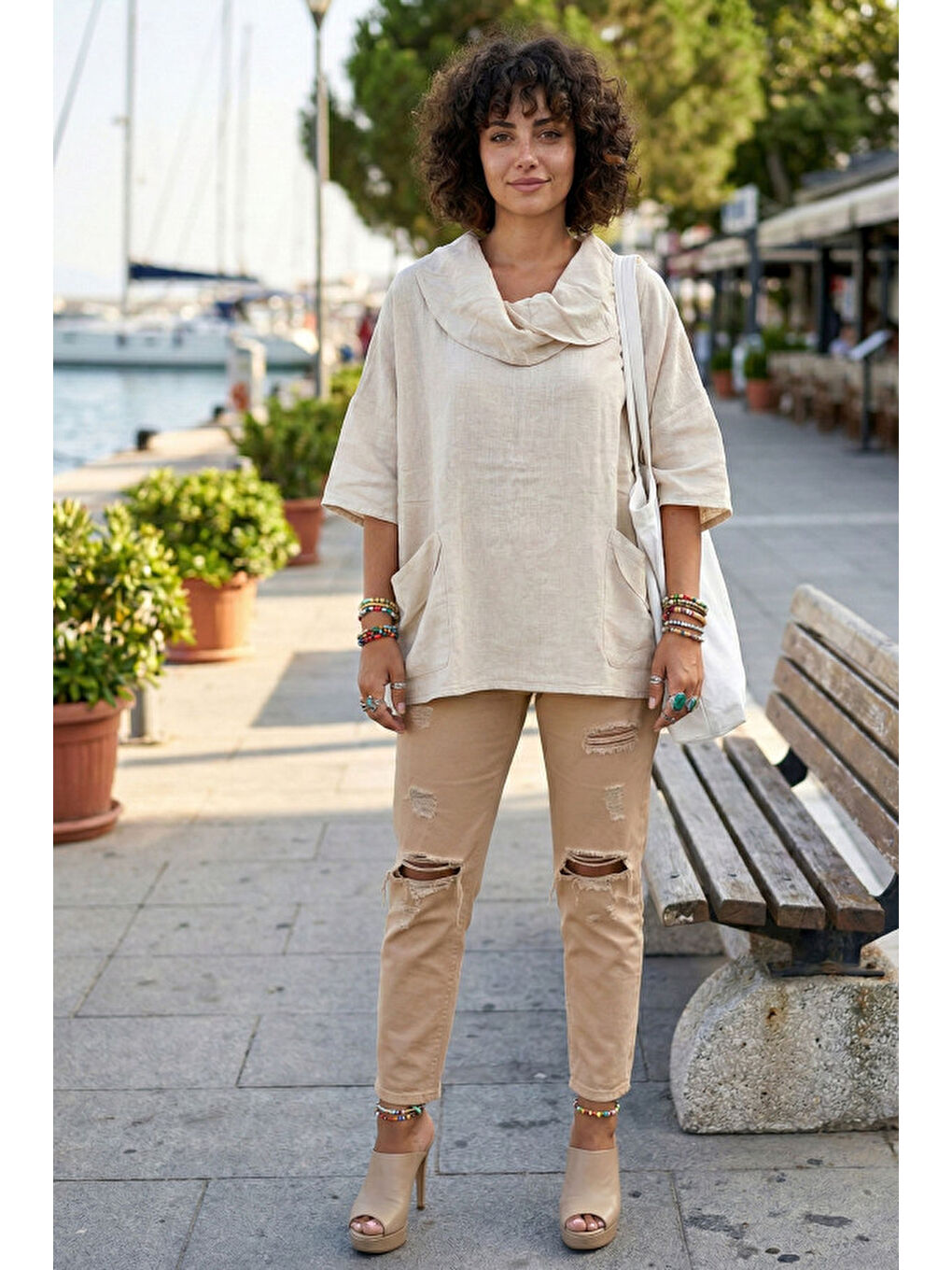 Bej Şal Yaka Kısa Kol Çift Cepli Casual Keten Görünümlü Geniş Kesim Dokuma Bluz 65 83-3