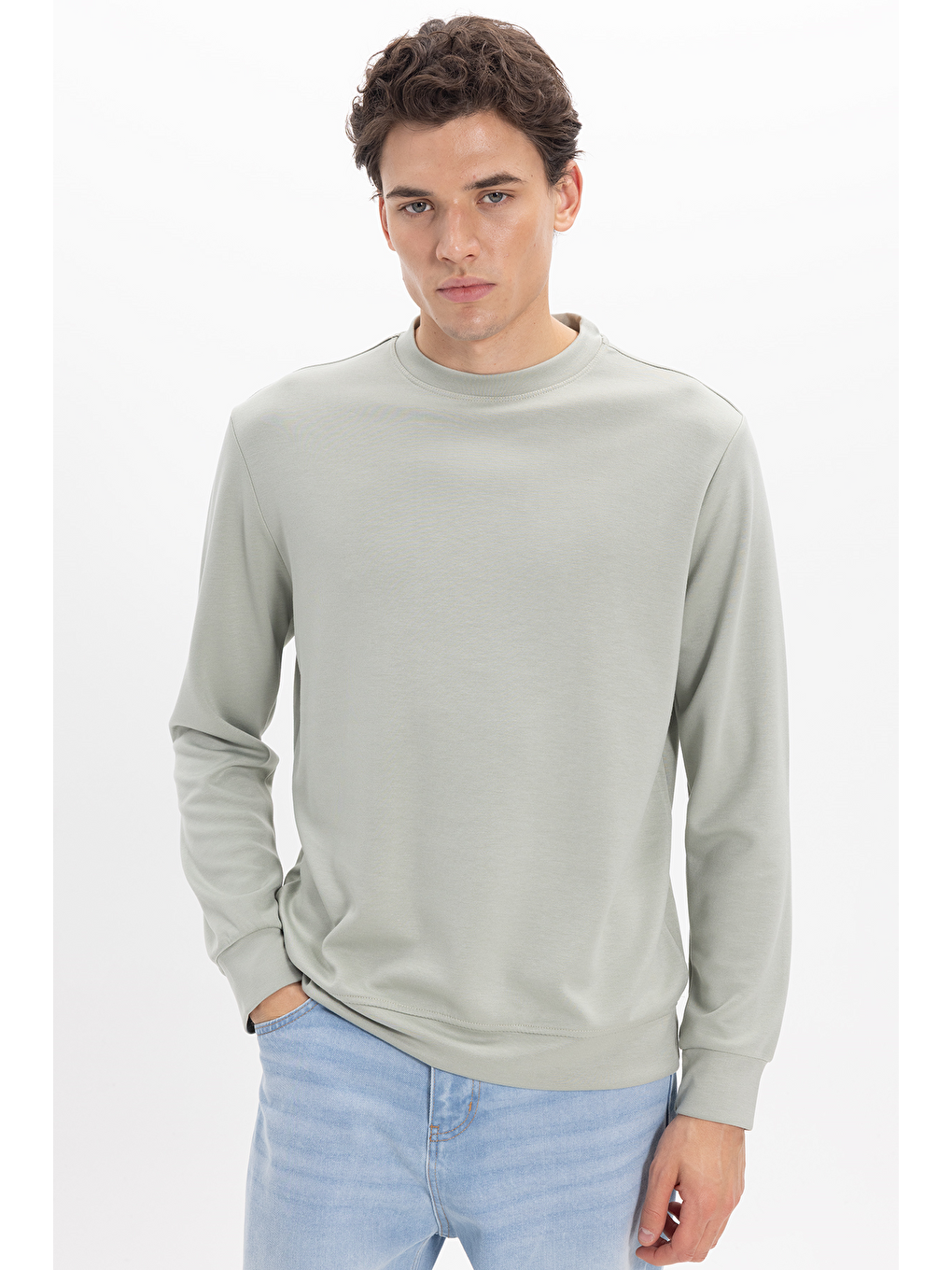 Erkek Standart Fit Normal Kesim Uzun Kollu Ekstra Soft Modal Kumaş Bisiklet Yaka Yeşil Sweatshirt