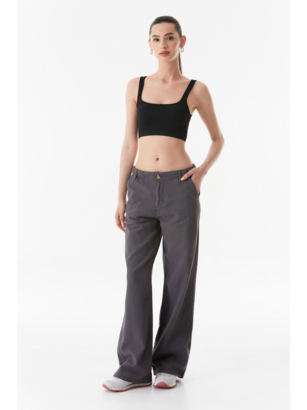 Antrasit Yüksek Bel Palazzo Keten Pantolon-1